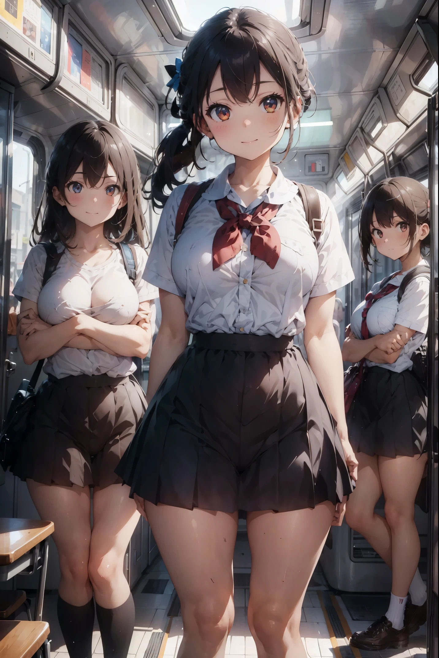 best quality, ultra high resolution, perfect anatomy, 3girls, multiple girls, school girl, bus, open legs, white  panties, front view, best shadows, volumetric lighting