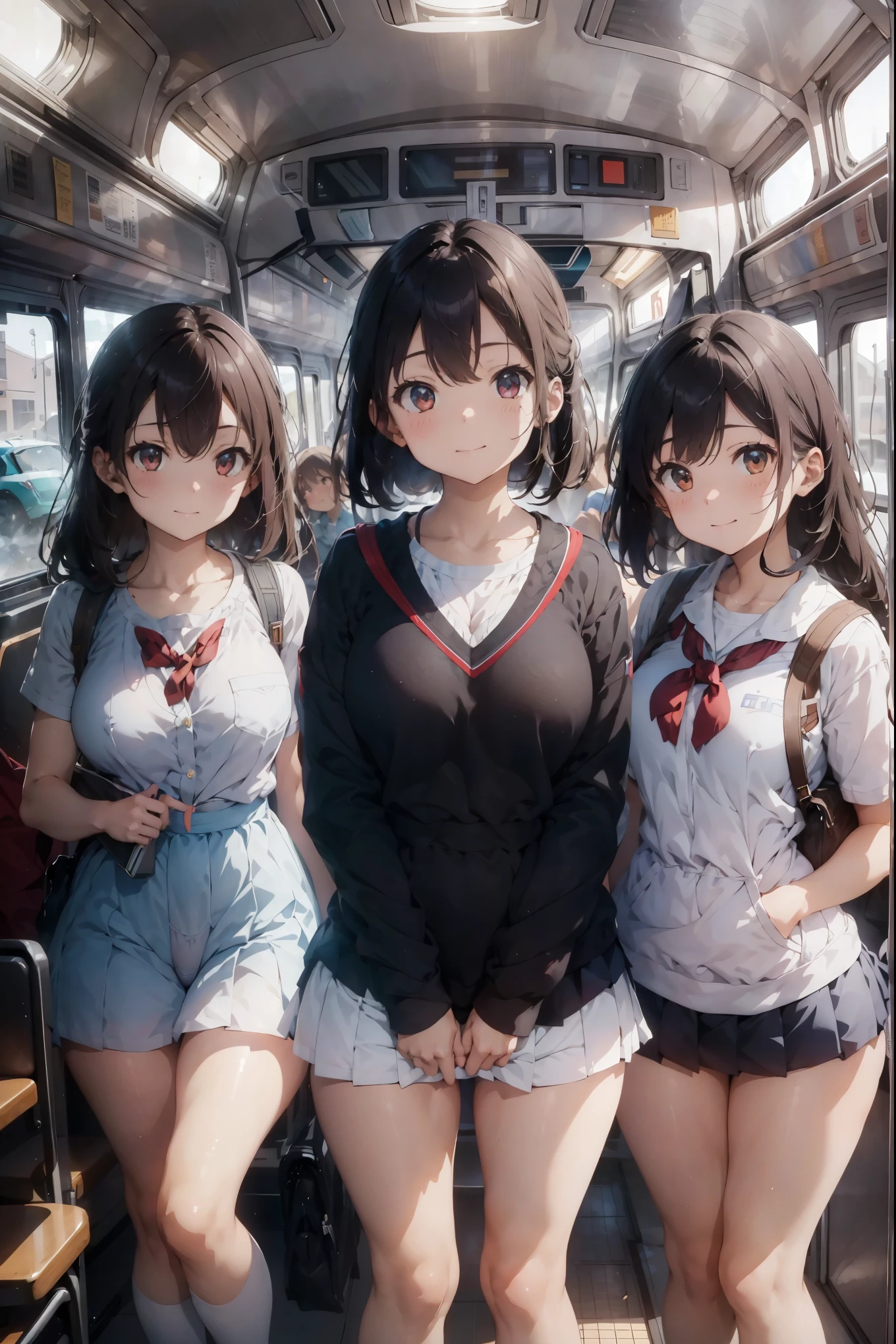 best quality, ultra high resolution, perfect anatomy, 3girls, multiple girls, school girl, bus, open legs, white  panties, front view, best shadows, volumetric lighting