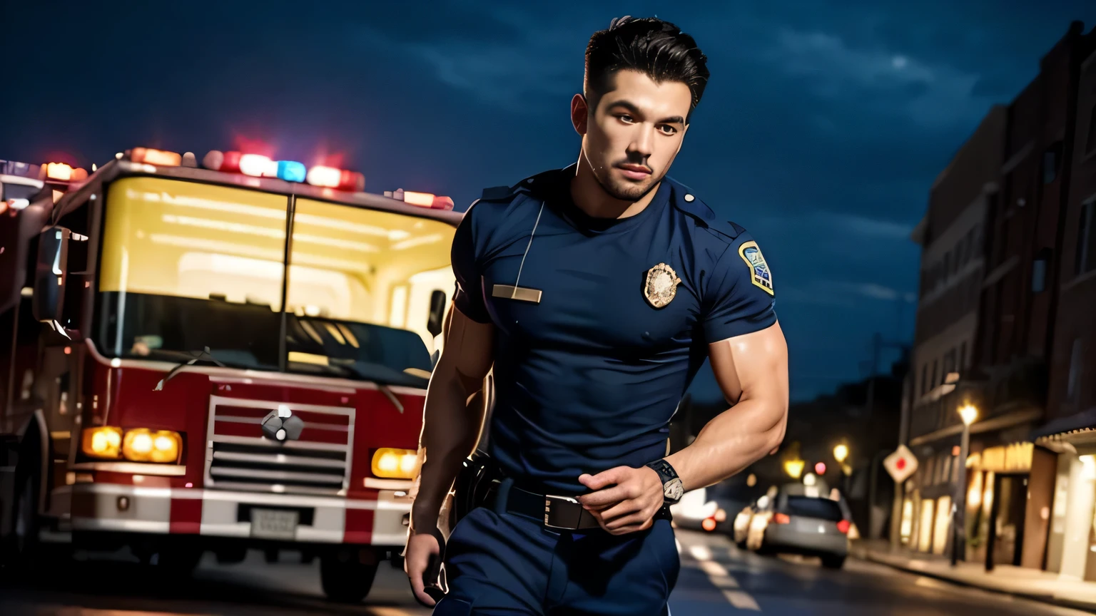 (masterpiece: 1.2), (actual:1.5), (post processing:1.3), (clear focus:1.3),wide angle, 1 male police officer, Korean men ,beard, whole body, ,(badge) ,(abrasions on body...: 1.3), (Navy blue cargo pants: 1.3), short hair hairstyle, (high shadows detail),muscle, 手臂musclelood vessel, 大muscle, broad shoulders, abrasions on body..., There are abrasions on the face, night , fire truck