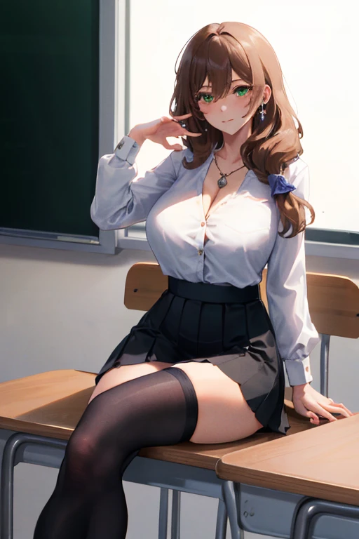 Lisa, genshin impact, 1 girl, alone, ((white shirt)), black Thighhighs, huge breasts, cleavage, uniform, office background, short black skirt, short pleated skirt, office, hair between eyes, messy hair, large chest, long hair, looking at the viewer, brown hair, red short nails, green eyes, alone, Thighhighs, thick thighs, very long hair, ((masterpiece)), classroom, machine, Chair, board, class board, Teaching, A painful look, sexy pose, close legs