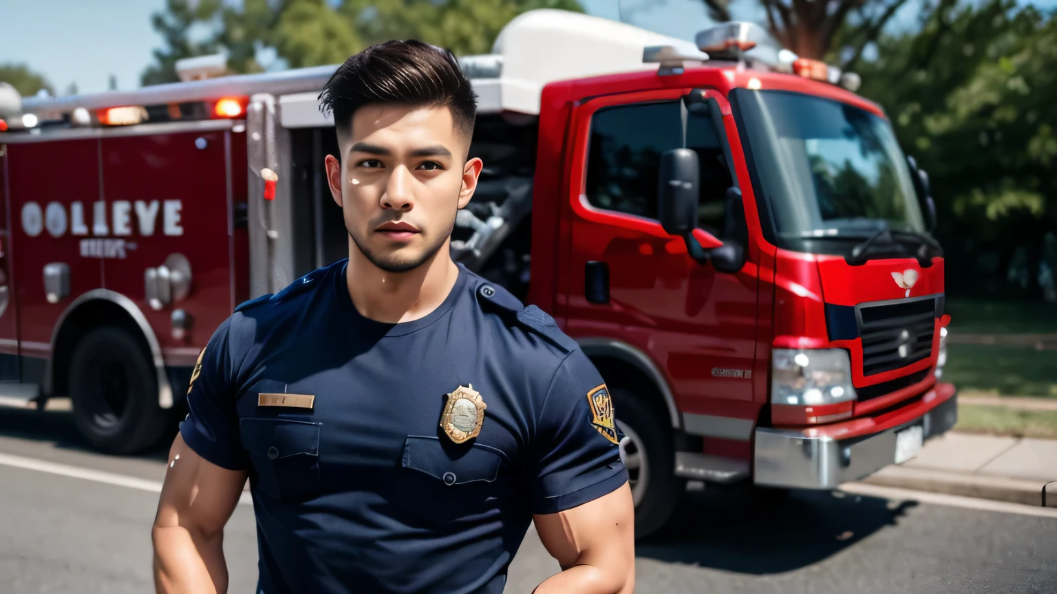 (masterpiece: 1.2), (actual:1.5), (post processing:1.3), (clear focus:1.3),wide angle, 1 male police officer, Korean men ,beard, whole body, ,(badge) ,(abrasions on body...: 1.3), (Navy blue cargo pants: 1.3), short hair hairstyle, (high shadows detail),muscle, 手臂musclelood vessel, 大muscle, broad shoulders, abrasions on body..., There are abrasions on the face, night , fire truck