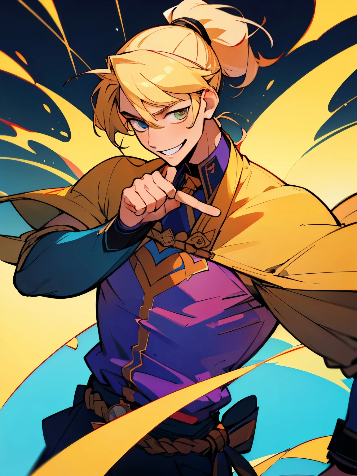 ((best quality)), ((muste piece)), perfect face,((1 male)),solo,20代の男性,Handsome guy,dynamic angle,adult,blonde,tied hair,smile,ponytail,Bangs,