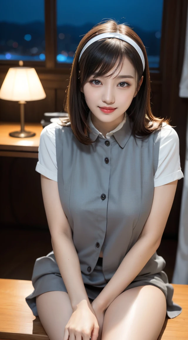 (((オフィスレディ、OL、office lady、formal clothes、shiny gray vest)))、(((horseshoe-shaped hairband)))、sexy,formal ,in the bank,vivid color panty,high heel、(((full body,including legs)))、Dressed up、(Photo real:1.4)、(A hyper-realistic:1.4)、(Photorealistic:1.3)、 (gentle lighting: 1.05)、(Improve the lighting quality of your video:0.9)、32k、 1Girl、25years old girl、photorealistic lighting、Back lighting、Facial Lights、Ray Trace、(bright:1.2)、(Increase quality:1.4)、 (best quality real texture skin)、Fair eyes,Delicate and delicate face、 (tired and sleepy and satisfied : 0.0), Close-up of the face,gray vest,tight gray shirt[boton gap :1.2],very tight gray shirt ,((([see through shirts:1.5], {covered nipples}))), gray mini skirt , (Bodyline mood improvement:1.1)、Glossy skin、wavy hair、韓国アイドル、乃木坂アイドル、Sculptural Idol Pose、little smile,blush,Beautiful actress、Neat woman,whole body, and spread the legs apart, small breasts,(perfect row of teeth),slender waist and hip,beautiful long legs,(full shot)、((8heads tall)、(((誘惑している、恥ずかしい)))、random dynamic pose,(eye shadow),(red cheek、red lips),Super Clean Night View、night time、blush,little smile,(((full shot)))、a little open the legs apart、sitting down on the desk,(((in the luxury night office)))