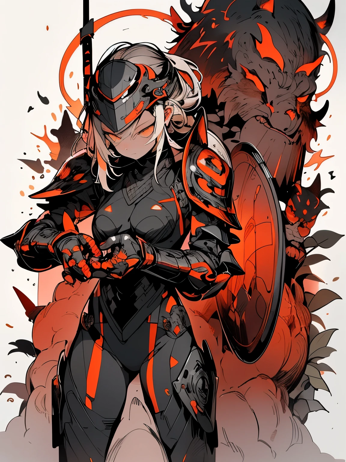 "Create a surreal and detailed image of a futuristic warrior in full body armor. Armor must be smooth and black, Adopts a matte finish and split plate for ease of movement.., Reminiscent of modern tactical equipment fused with ancient ninja costumes. Helmet must completely cover the face, Features a visor that hints at advanced technology. 。The contrast between the dark suit and the red and orange stands out.. In the background, A magnificent gate stands out, Decorated with intricate designs and luminescence。, A circular emblem with a soft glow. Even though it's quiet、An atmosphere of immeasurable strength, evoke the calm before the storm."