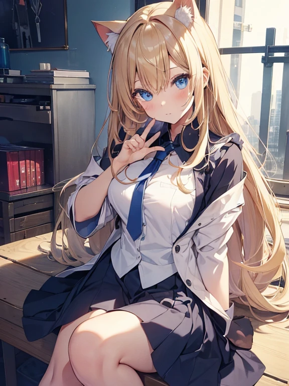 masterpiece, highest quality, beautiful, High resolution, perfect anatomy, highest quality、 8K、 blue eyes, blonde, long hair, Cat ear, cat tail, beautiful女の子、 nice、 beautiful髪、 beautiful目beautiful肌、beautiful合法的な腕、perfect fingers、 very cute、 very cute、Work clothes、I have a tool in my hand、fixing the robot、Background Factory、My clothes are torn
