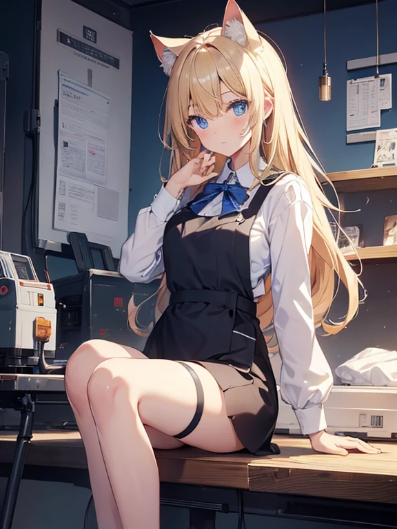 masterpiece, highest quality, beautiful, High resolution, perfect anatomy, highest quality、 8K、 blue eyes, blonde, long hair, Cat ear, cat tail, beautiful女の子、 nice、 beautiful髪、 beautiful目beautiful肌、beautiful合法的な腕、perfect fingers、 very cute、 very cute、Work clothes、I have a tool in my hand、fixing the robot、Background Factory、My clothes are torn