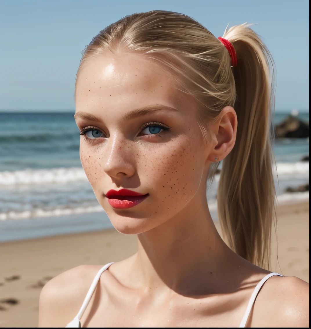 Beautiful skinny girl, elongated face and thin chin, freckles, blonde, blue eyes, red lipstick, beautiful makeup, white skin,top , just face , in the beach , ponytail hair 