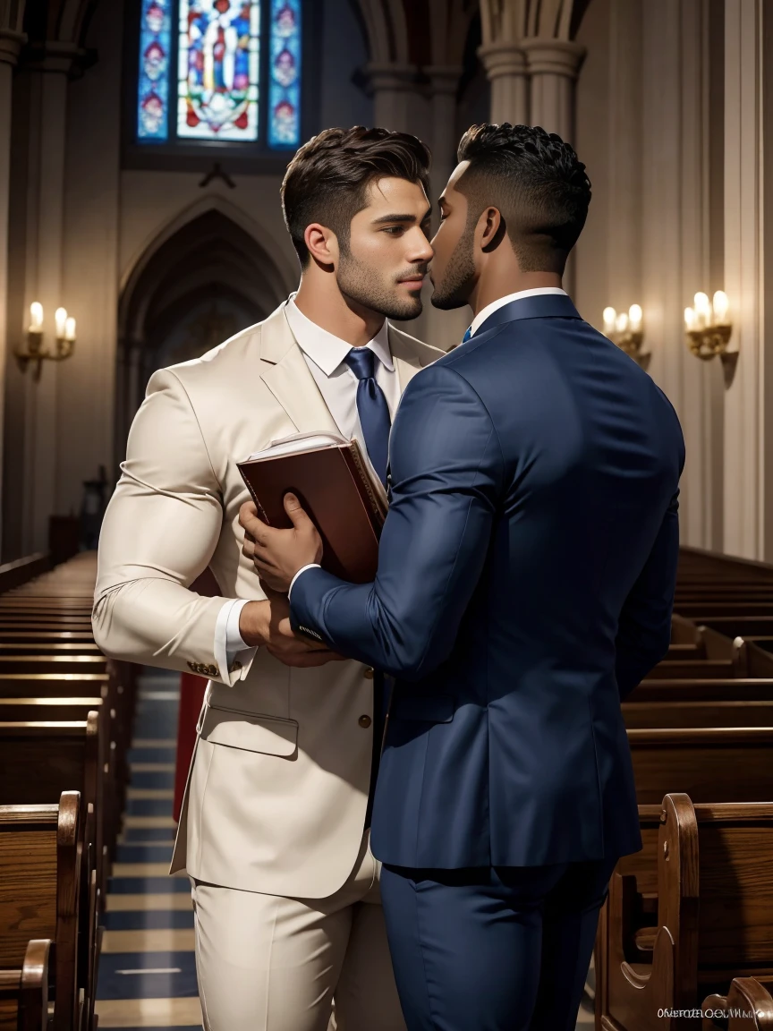 8k，8K resolution，2 Muscular Europeans, handsome man，charming eyes，dark skin,beautiful, smooth and shiny，Full muscles，Thick body hair， (wearing a stylish suit)，big bag，emphasize，Two men holding roses in church，Smile happily，kiss，The leader reads the holy book of marriage，There are many flowers in the church，professional lighting，Professional photography，Realistic photos，realistic model，realistic art