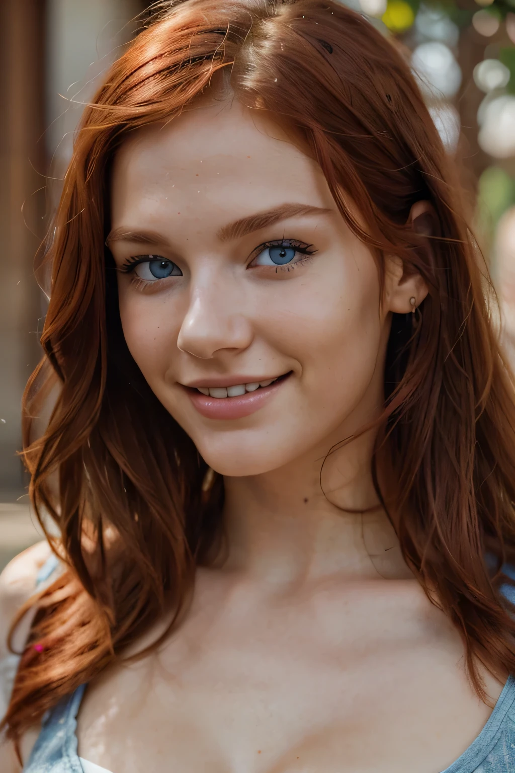 (Masterpiece), (best quality), (realistic), (Beautiful+(feminine)+((lovely))+((cute))), (round face), short straight hair, (dark ginger hair), (crystal blue eyes), beautiful eyes, almond eyes, happy eyes, (young), freckles, (cheek dimples), (shy expression), (small nose), 155cm, smiling, red lips, wearing a beautiful red dress, looking_at_viewer, bodyshot