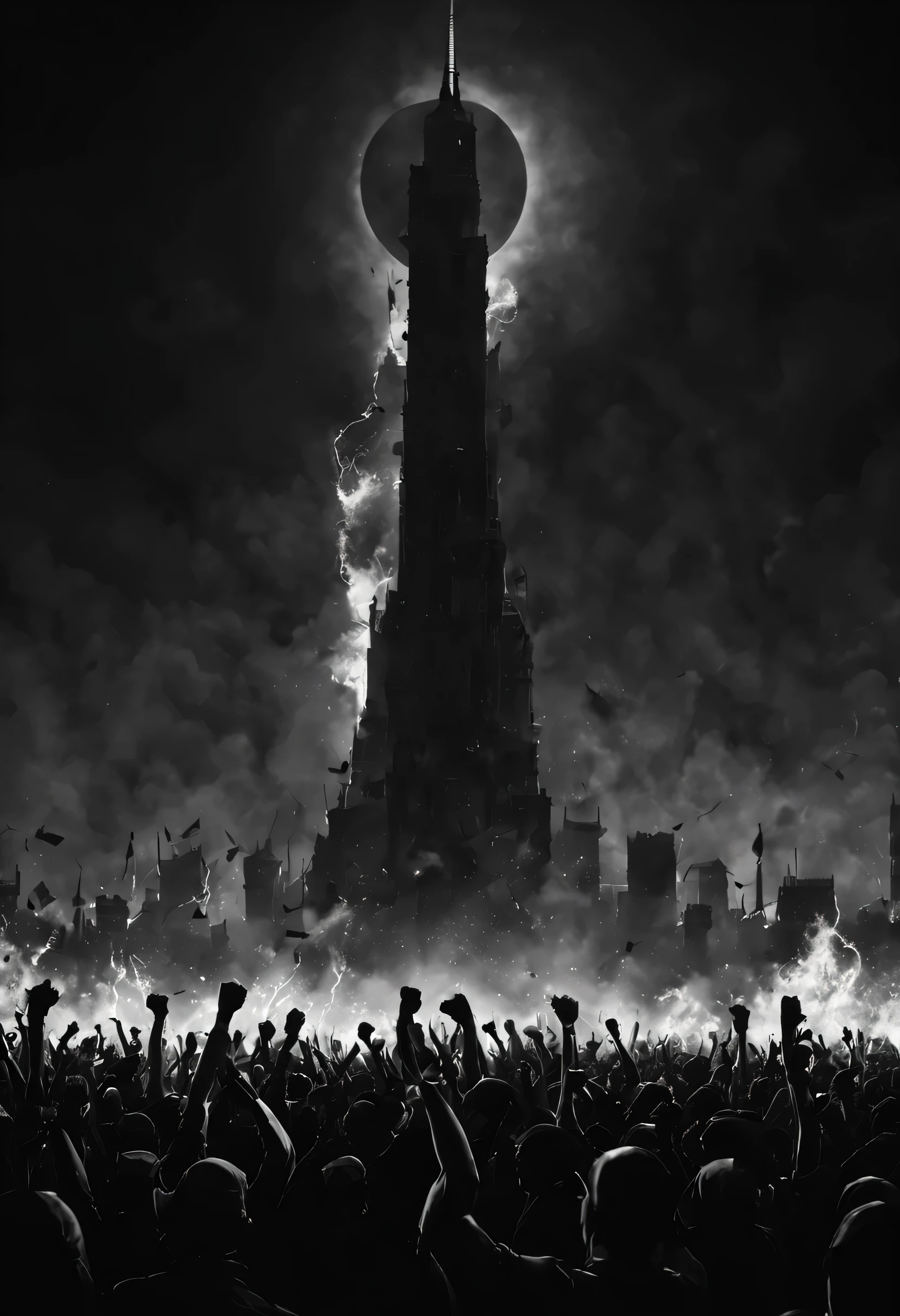 depiction of a empty City where a lot of people are protesting with their fists in the air. behind them shines a black sun. in the back you see the tower of babylon burning and broken down. black and white close up