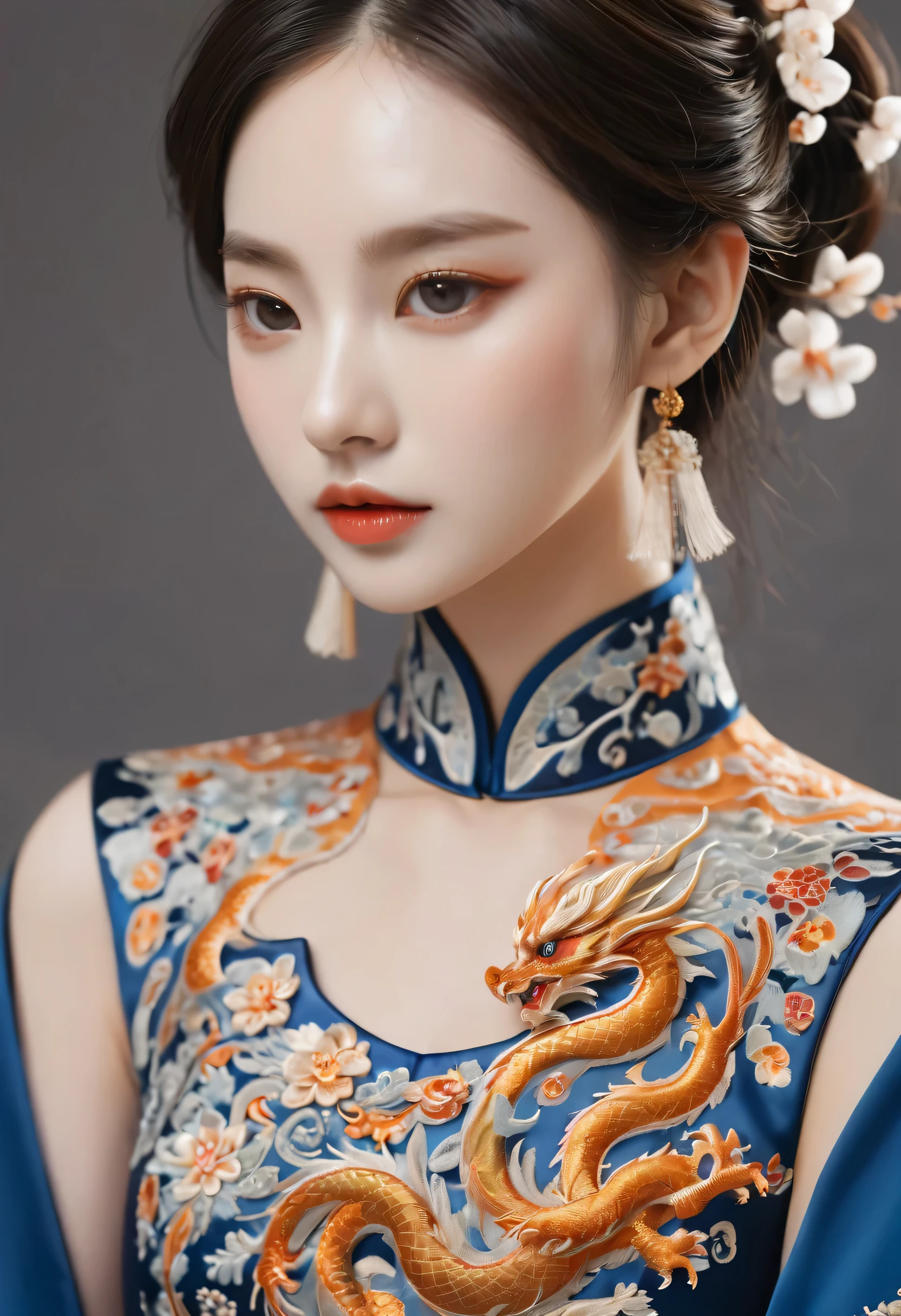 Draw an embroidery work，dragon embroidery，Chinese clothing design，Silk fabric，Symmetrical style