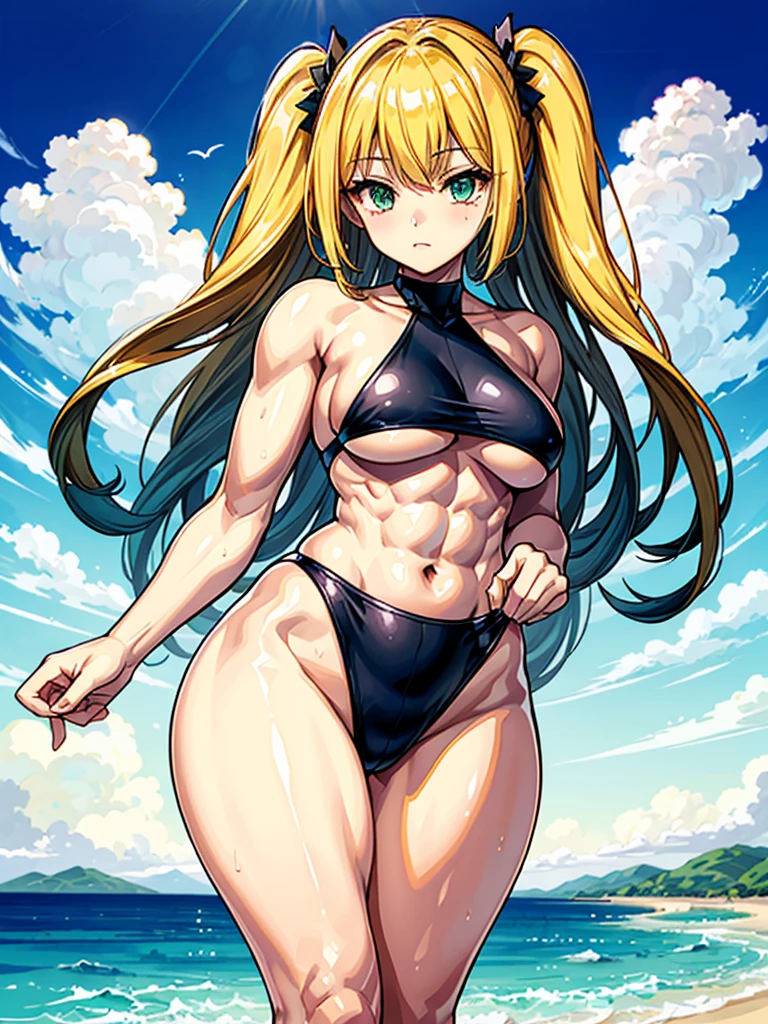 (((masterpiece、Highest image quality、highest quality、highly detailed unity 8kwallpaper)))、((Illustration of one girl))、(((beautiful girl)))、((blonde、two side up、sidelocks:1.6、green eyes))、(((tall:1.4、stocky build:1.6, thickset physique:1.7, muscular legs, broad shoulders:1.7, solid chest:1.6)))、swimsuit、sandy beach
