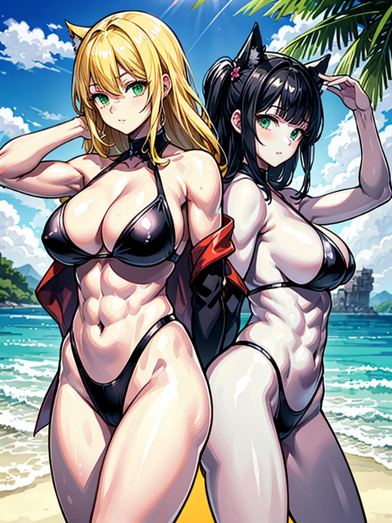(((masterpiece、Highest image quality、highest quality、highly detailed unity 8kwallpaper)))、((Illustration of one girl))、(((beautiful girl)))、((blonde、two side up、sidelocks:1.6、green eyes))、(((tall:1.4、stocky build:1.6, thickset physique:1.7, muscular legs, broad shoulders:1.7, solid chest:1.6)))、swimsuit、sandy beach