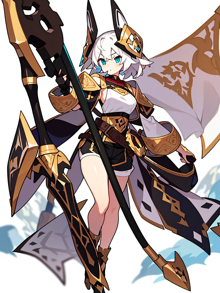 solo female, standing, (((blurry background, white background))), character focus, fantasy clothes, character design, shorts, holding weapon,
