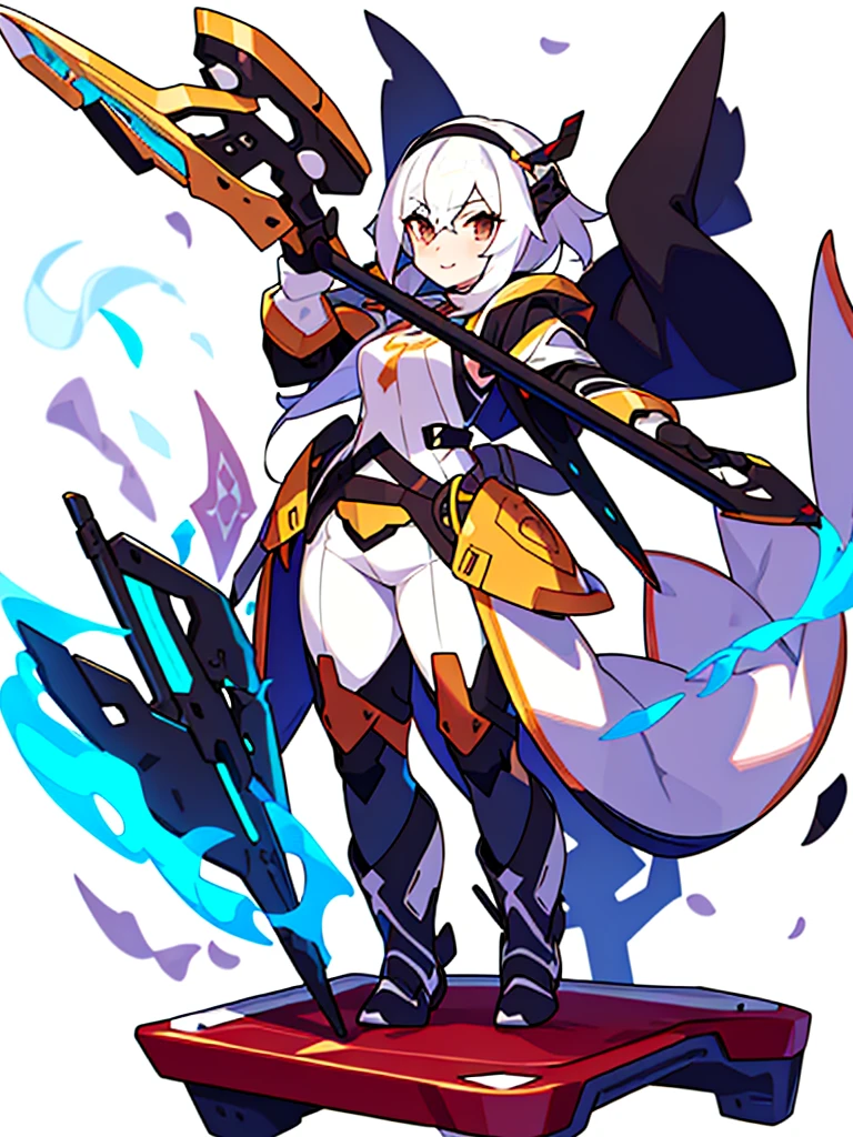 solo female, standing, (((blurry background, white background))), character focus, fantasy clothes, character design, shorts, holding weapon,