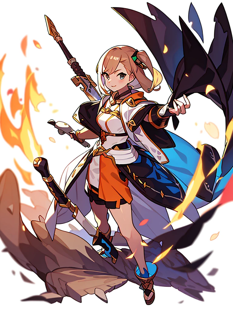 solo female, standing, (((blurry background, white background))), character focus, fantasy clothes, character design, shorts, holding weapon,