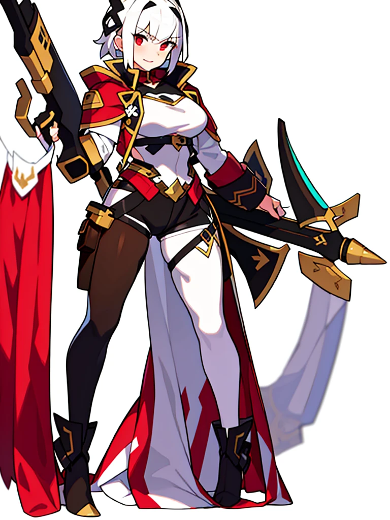 solo female, standing, (((blurry background, white background))), character focus, fantasy clothes, character design, shorts, holding weapon,