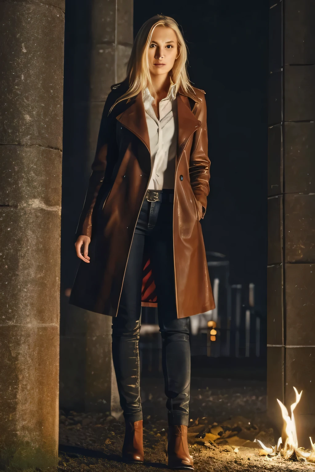 1 girl in there, Alter19, Allein, langes welliges blondes Haar, unordentliches, vom Wind verwehtes Haar, blondes Haar, Full body, Kolossale Titten, am Lagerfeuer sitzen, wears a brown leather coat, Dunkelblaues Jeantremely detailliertes 8K-Hintergrundbild), stimmungsvolle Beleuchtung, Good quality, Filmkorn, Fujifilm XT3 scharfer Fokus, f 5.6, 50mm, Hohe Detailgenauigkeit, scharfer Fokus,(dunkles Licht), stimmungsvolle Beleuchtung, Nacht, (seductive), realistisch, crazy details, Komplexe Details, hyperdetailliert,