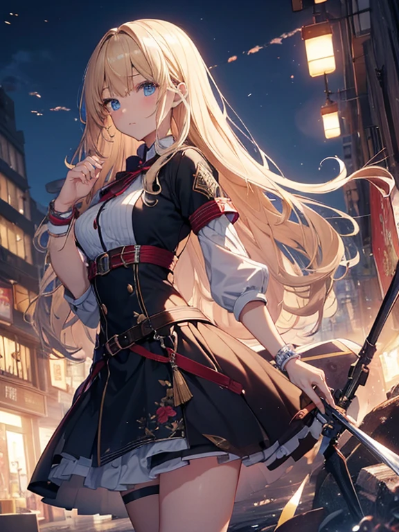 masterpiece, highest quality, beautiful, High resolution, perfect anatomy, highest quality、 8K、My clothes are torn、 blue eyes, blonde, long hair, beautiful女の子、 beautiful髪、 beautiful目beautiful肌、beautiful合法的な腕、perfect fingers、 very cute、 very cute、Work clothes、have a weapon in hand、fixing the robot、Background Factory、