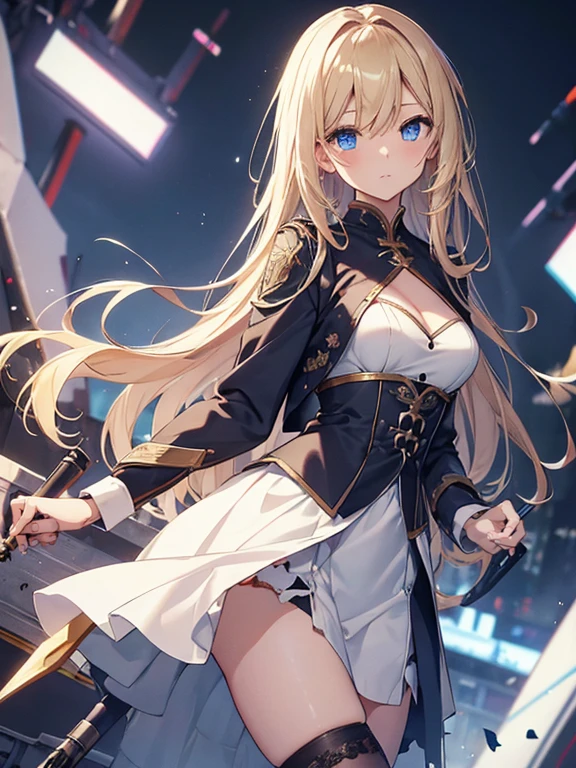 masterpiece, highest quality, beautiful, High resolution, perfect anatomy, highest quality、 8K、My clothes are torn、 blue eyes, blonde, long hair, beautiful女の子、 beautiful髪、 beautiful目beautiful肌、beautiful合法的な腕、perfect fingers、 very cute、 very cute、Work clothes、have a weapon in hand、fixing the robot、Background Factory、