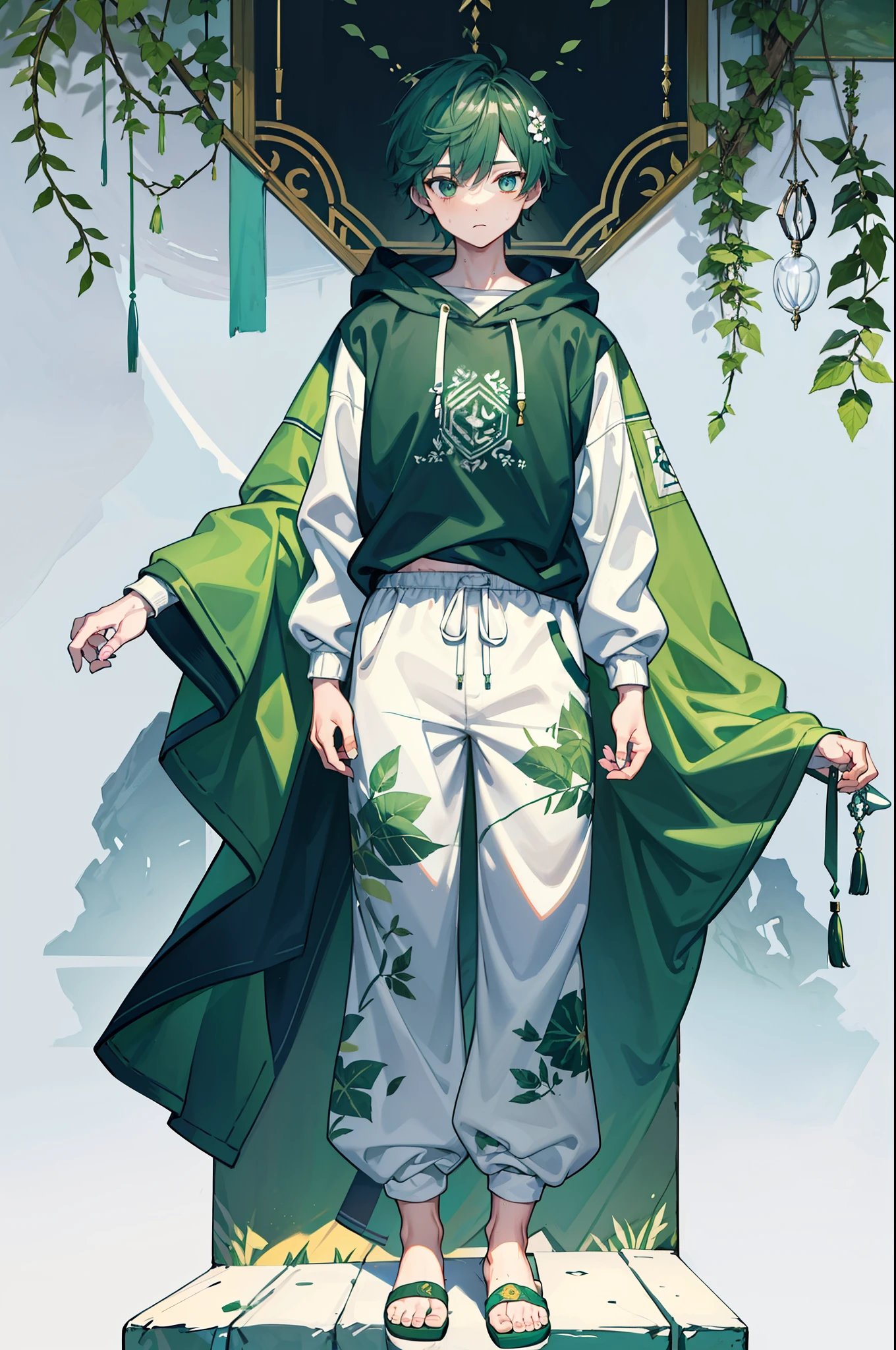 a boy,mountain and plant floral motifs combined,Masculine male,Thick eyebrowuzz cut,frontage,Standing painting,full bodyesbian,Full body standing painting,white Hoodies,sweat pants,The clothing printed with auspicious patterns of continuous green mountains and sea.,White and green clothing