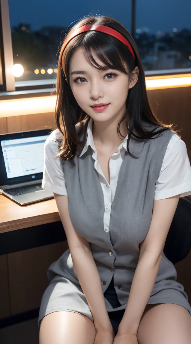 (((オフィスレディ、OL、office lady、formal clothes、shiny gray vest)))、(((horseshoe-shaped hairband)))、sexy,formal ,in the bank,vivid color panty,high heel、(((full body,including legs)))、Dressed up、(Photo real:1.4)、(A hyper-realistic:1.4)、(Photorealistic:1.3)、 (gentle lighting: 1.05)、(Improve the lighting quality of your video:0.9)、32k、 1Girl、25years old girl、photorealistic lighting、Back lighting、Facial Lights、Ray Trace、(bright:1.2)、(Increase quality:1.4)、 (best quality real texture skin)、Fair eyes,Delicate and delicate face、 (tired and sleepy and satisfied : 0.0), Close-up of the face,gray vest,tight gray shirt[boton gap :1.2],very tight gray shirt ,((([see through shirts:1.5], {covered }))), gray mini skirt , (Bodyline mood improvement:1.1)、Glossy skin、wavy hair、韓国アイドル、乃木坂アイドル、Sculptural Idol Pose、little smile,blush,Beautiful actress、Neat woman,whole body, and spread the , small breasts,(perfect row of teeth),slender waist and hip,beautiful long legull shot)、((8heads tall)、(((誘惑している、恥ずかしい)))、random dynamic pose,(eye shadow),(red cheek、red lips),Super Clean Night View、night time、blush,little smile,(((full shot)))、a little open the legs apart、sitting down on the desk,(((in the luxury night office)))