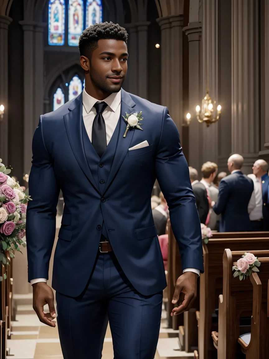 8k,8K resolution,2 Muscular Europeans, handsome man,charming eyes,dark skin,beautiful, smooth and shiny,Full muscles,Thick body hair, (wearing a stylish suit),big bag,emphasize,Two men holding roses in church,Smile happily,kiss,The leader presides over the wedding,There are many flowers in the church,professional lighting,Professional photography,Realistic photos,realistic model,realistic art