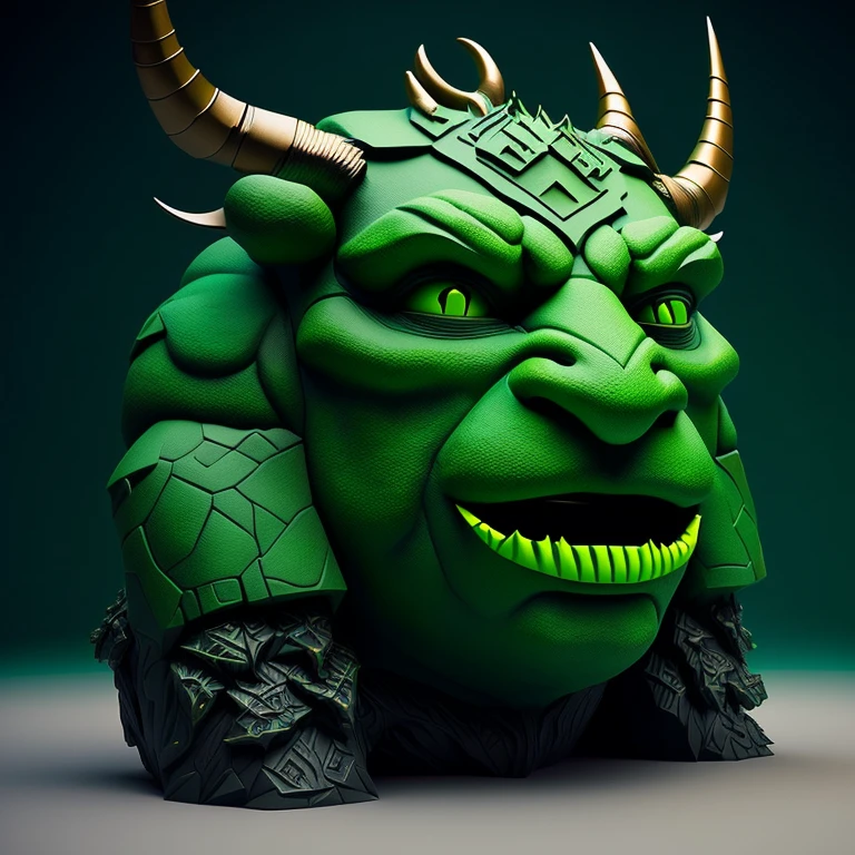 Close up of a giant green monster statue with horns, tooth wu : : Queksel giant scan, super detailed color lowpoly art, 3D rendering stylization, Trending on Polycount, by Lee Jeon Suk, Multiple Count Contest Winner, Roland Zilvinskis 3D Rendering Art, z'gok. 8K HD resolution