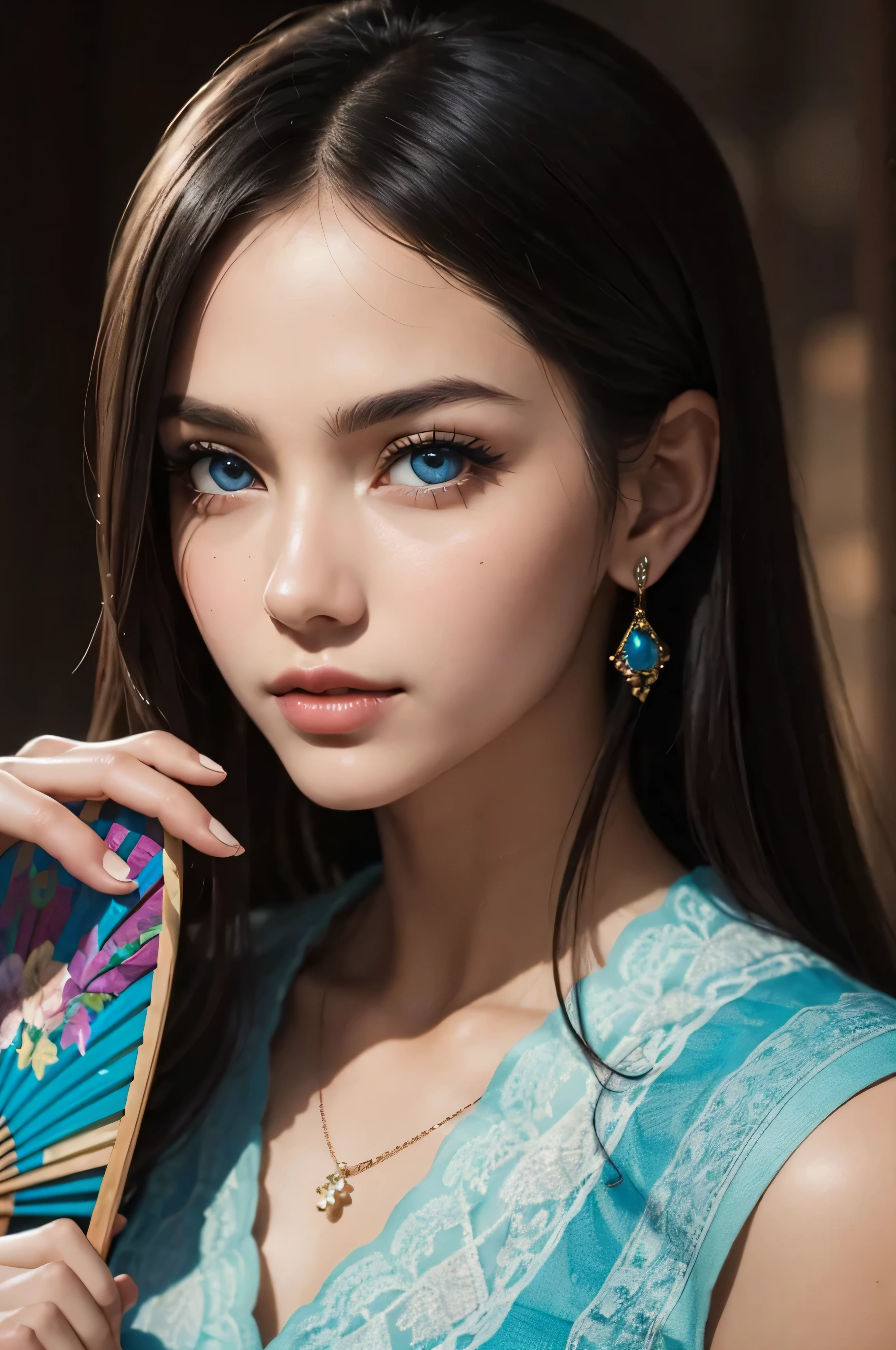(hand holding a hand fan:1.1,portrait,vibrant colors,detailed face,detailed eyes,detailed lips,soft skin:1.1),beautiful woman,flowing dress,playful expression,unique hand fan design,lovely background,subtle lighting,rich textures,realistic painting style,hint of sunlight,targeted focus,strong contrast,best quality(medium:1.2),ultra-detailed,photo-realistic:1.37