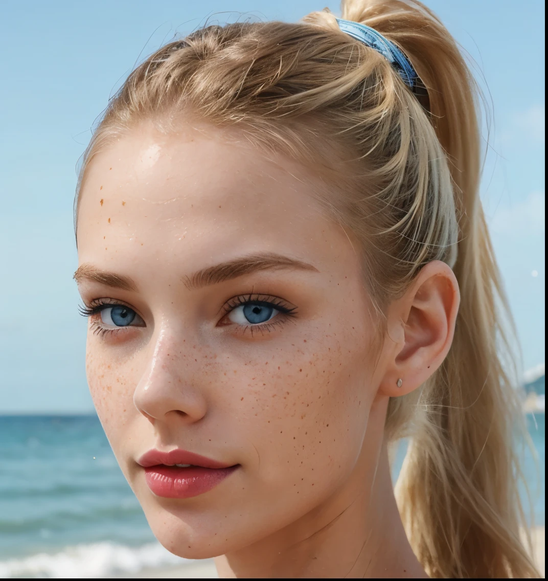 Beautiful skinny girl, elongated face and thin chin, freckles, blonde, blue eyes, red lipstick, beautiful makeup, white skin,top , just face , in the beach , ponytail hair