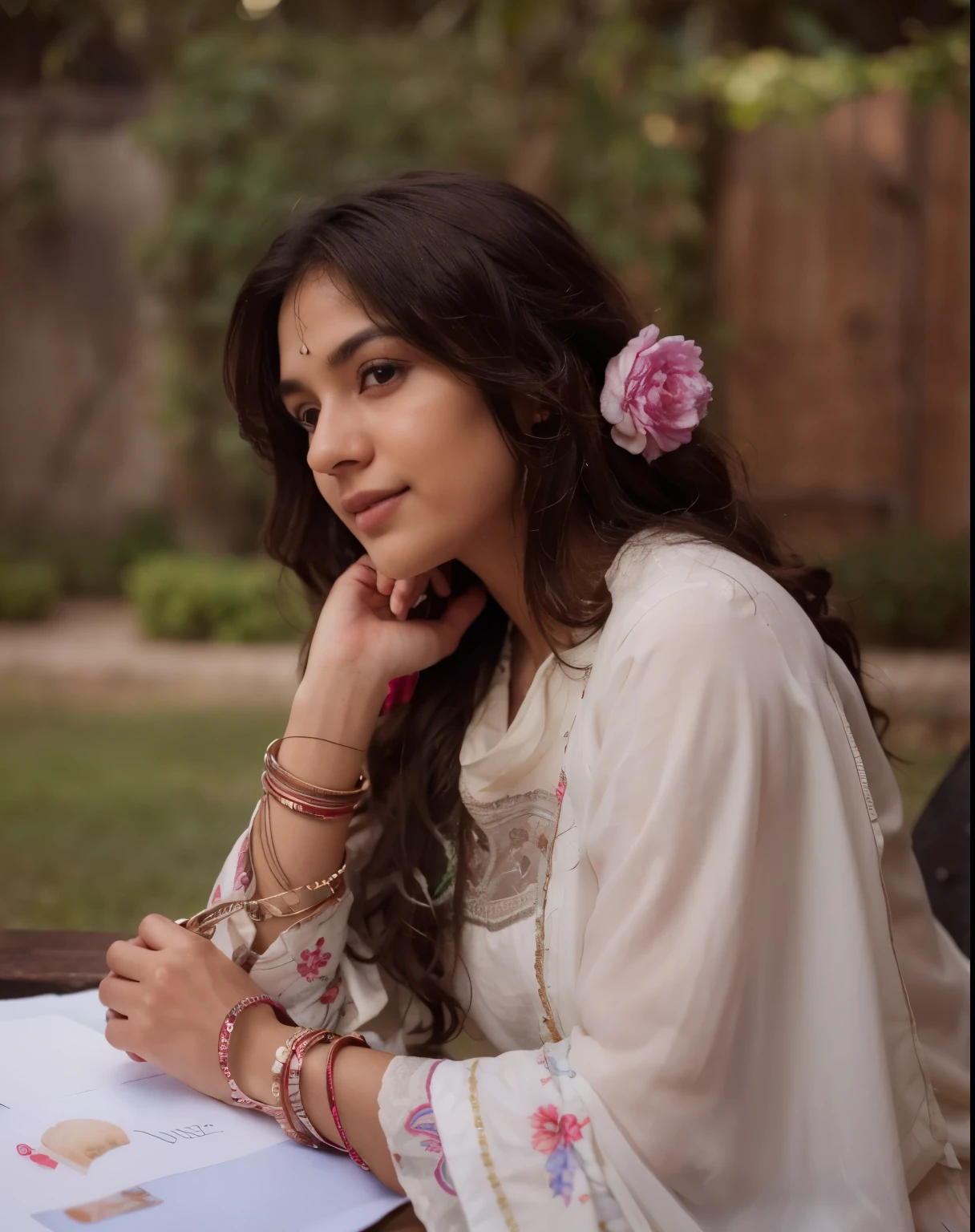Beautiful ,23 years young Indian girl healthy, confidential looking,8k,realistic, raw photo,dark brown hair,fair skin, indian,long hair,clear facial features,, very detailed, 23years old, innocent face, natural wavy hair, high resolution, masterpiece, best quality, intricate details, highly detailed, sharp focus, detailed skin, realistic skin texture, texture, detailed eyes, professional, 4k, charming smile, shot on Canon, 85mm, shallow depth of field, kodak vision color, perfect fit body, extremely detailed, foto_\(ultra\), photorealistic, realistic, post-processing, maximum detail, roughness, real life, ultra realistic, photorealism, photography, 8k uhd, photography with a piece of paper and a peacock feather