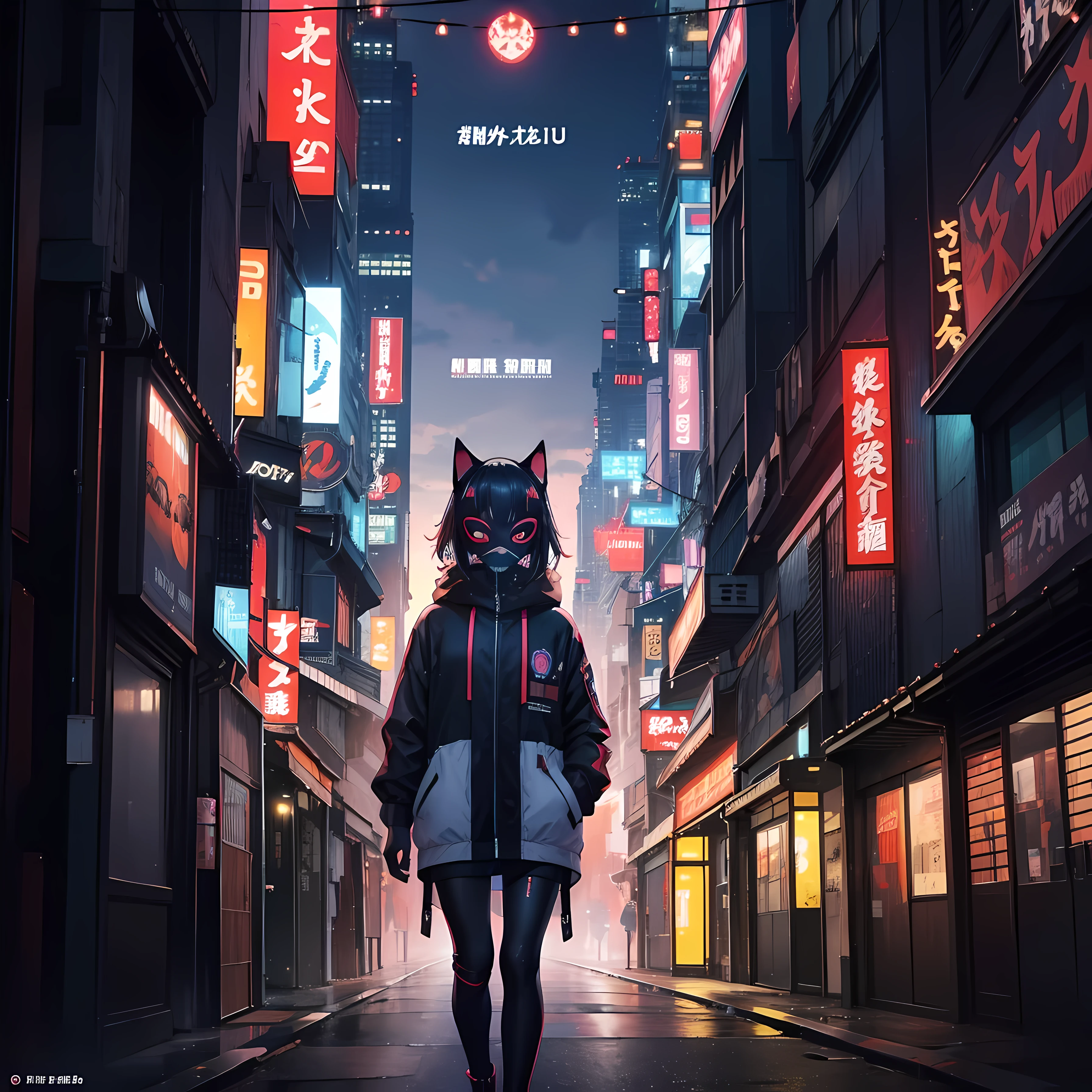 Un enfant avec un masque marche dans les rues de Tokyo. la ville s't'inspirer cyberpunk. les letters japonaises et les neons de la ville. l'Les enfants portent une combinaison et un masque. style : manga, Cyberpunk. le soleil se couche, coucher de soleil. Nuit. Futur. Technologie. masque, cyberpunk, city, colorful, nightlife, neon, mask, cat mask