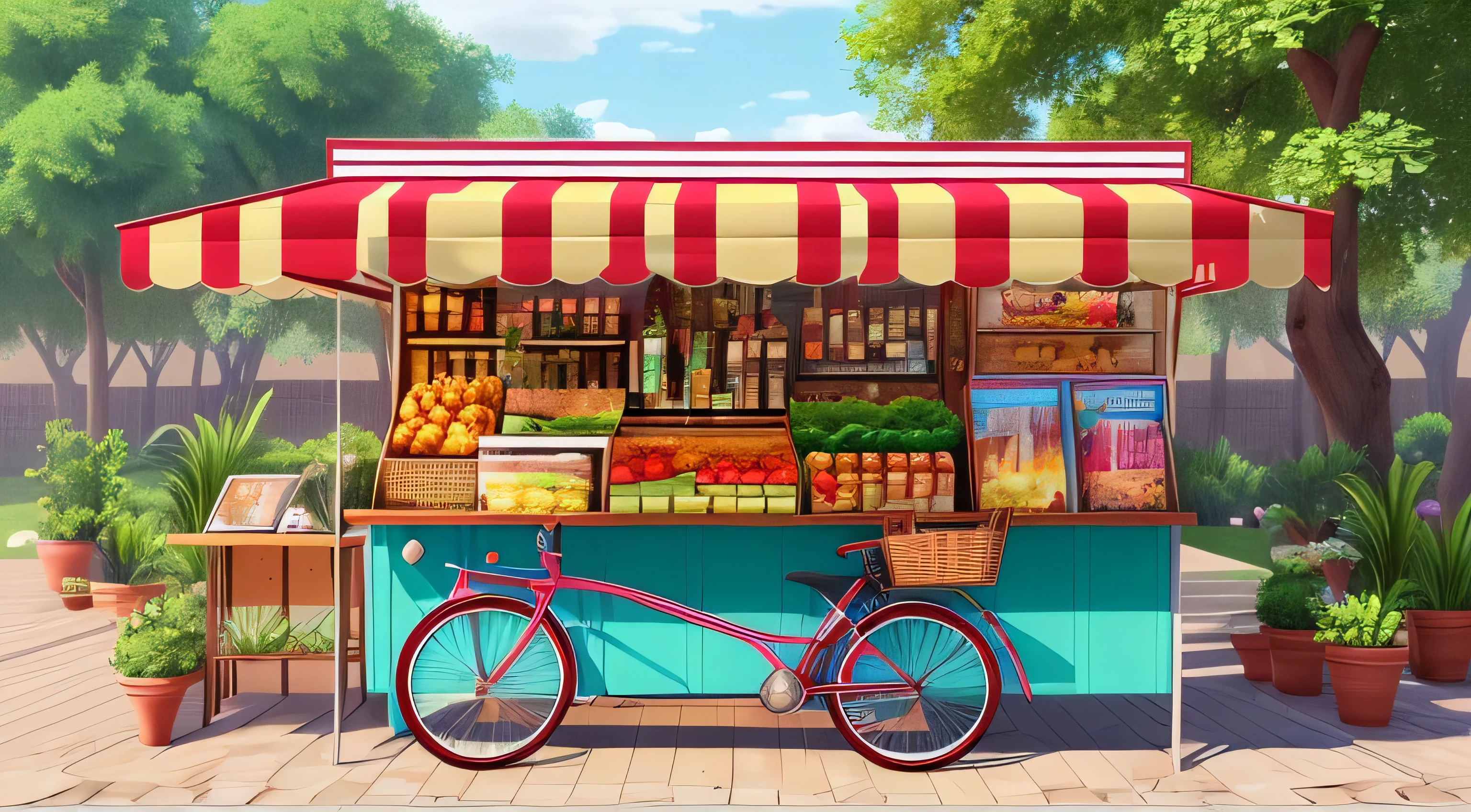 Park where you hang out, there a cigarette/drink stall or a meatball seller, cartoon style --auto --s2