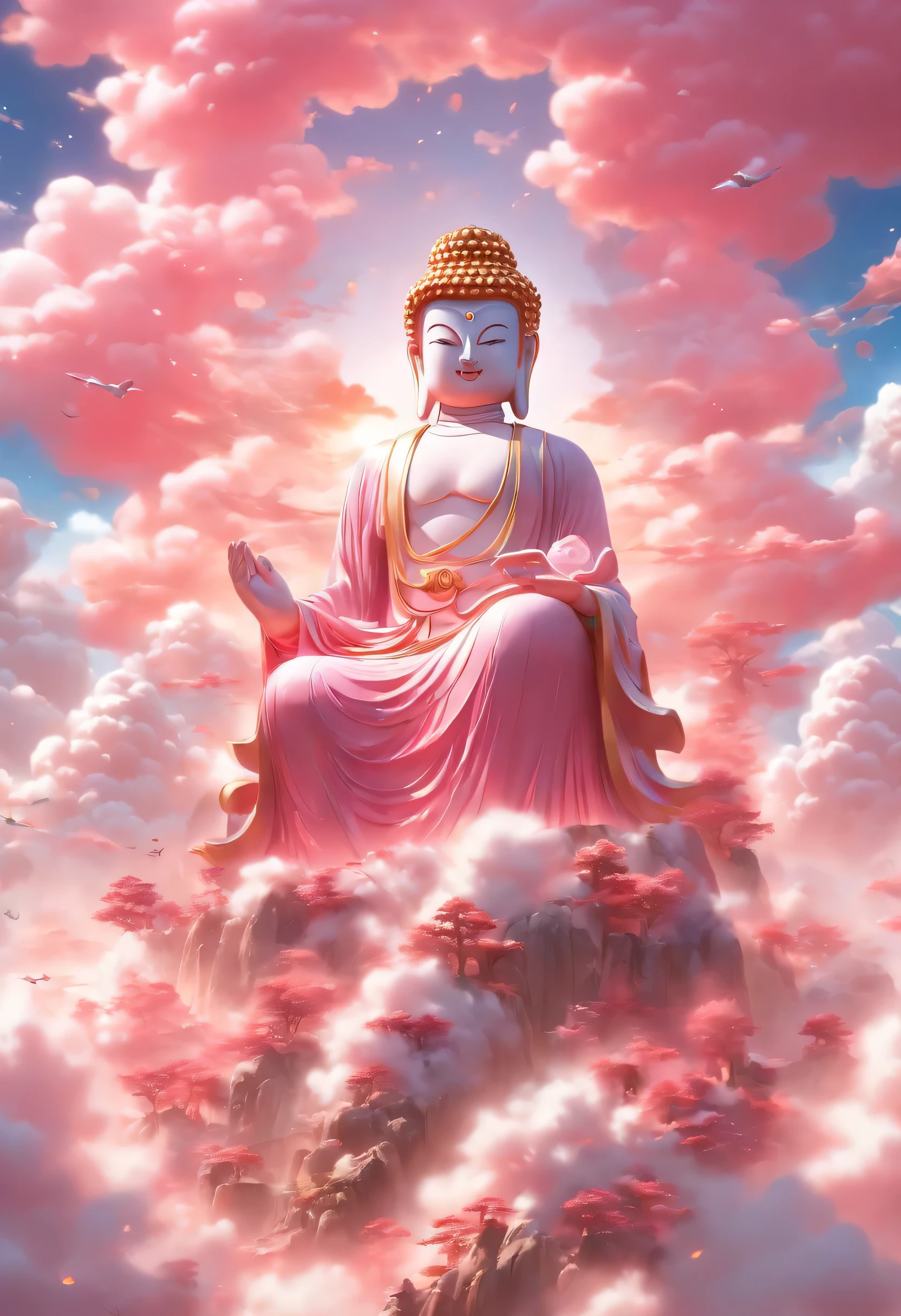 ((table top)),(最high quality)),Chinese style,In the sky, The clouds form a huge transparent shiny white jade Maitreya Buddha statue,thick clouds,and the sun was shining brightly,Pilgrims on the road,surreal,super realistic,pink,8K,High resolution,high quality,works of masters,super fine,(((OC renderer)))