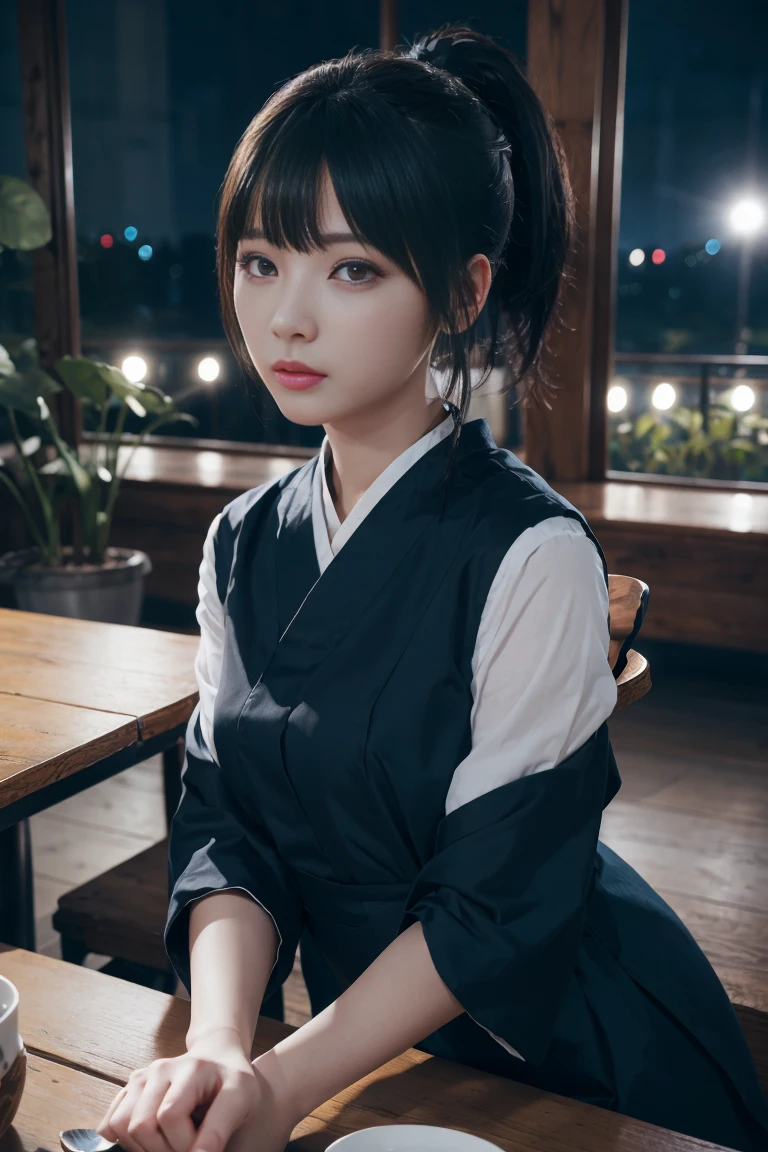 ((table top)), ((highest quality)), (super detailed), ((very detailed)), 4K, (8K), highest quality, (beautiful), dynamic angle, Night Flower Garden, pretty girl, 1 girl, alone, japanese cloth, ponytail, beautiful黒髪0, ((beautiful eyes))0,