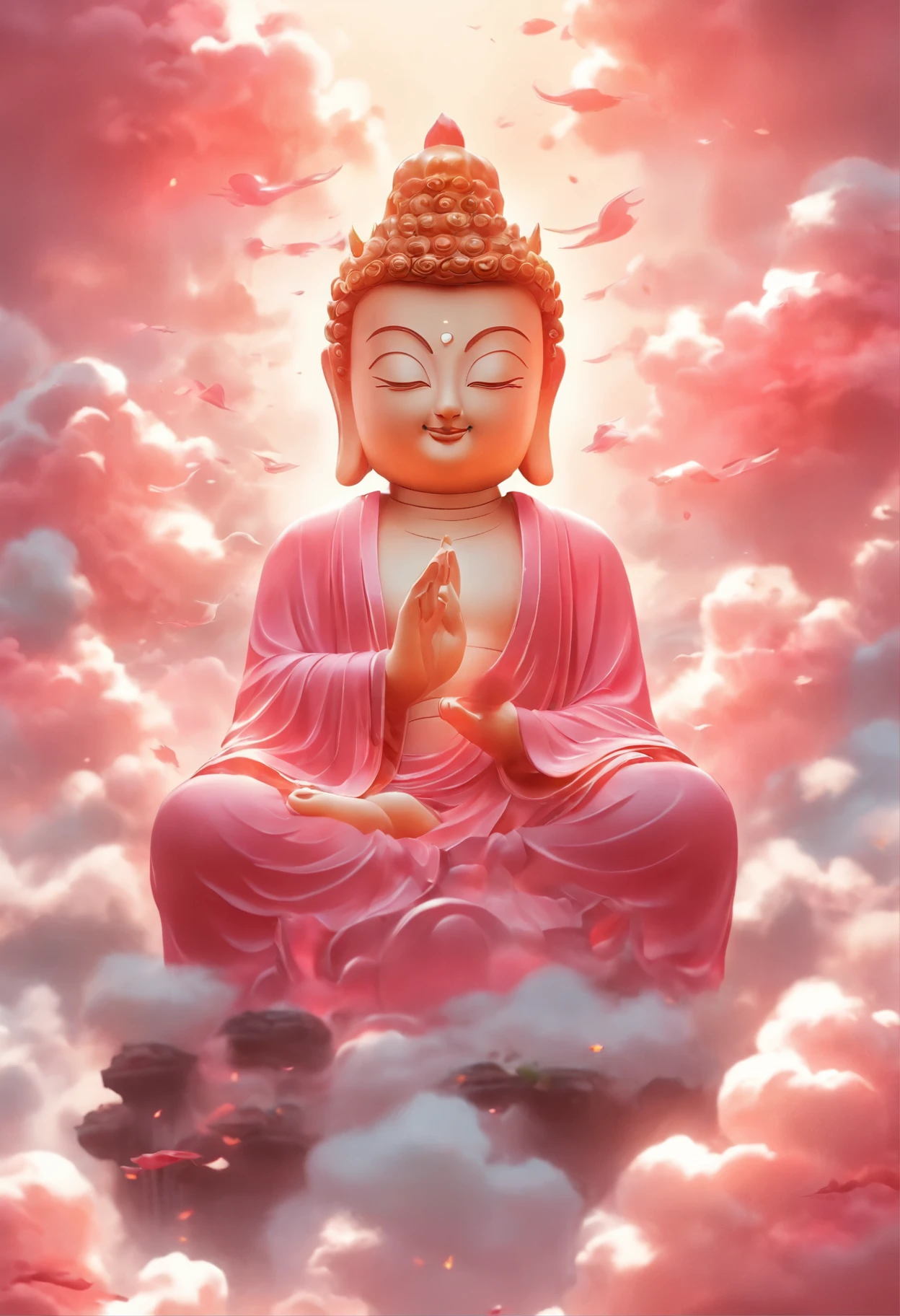 ((table top))，(最high quality))，Chinese style，In the sky, The clouds form a huge transparent shiny white jade Maitreya Buddha statue，thick clouds，and the sun was shining brightly，Pilgrims on the road，surreal，ultra photorealisticim，pink，8K，High resolution，high quality，works of masters，super fine，（（（OC renderer）））