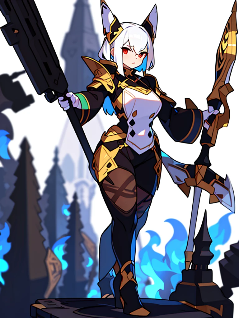 solo female, (((upright posture, standing, blurry background, white background))), character focus, fantasy clothes, character design, shorts, holding weapon,
