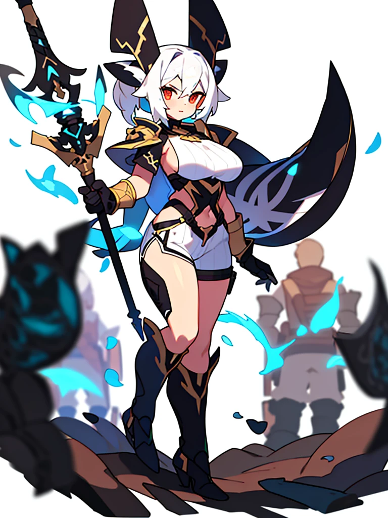 solo female, (((upright posture, standing, blurry background, white background))), character focus, fantasy clothes, character design, shorts, holding weapon,