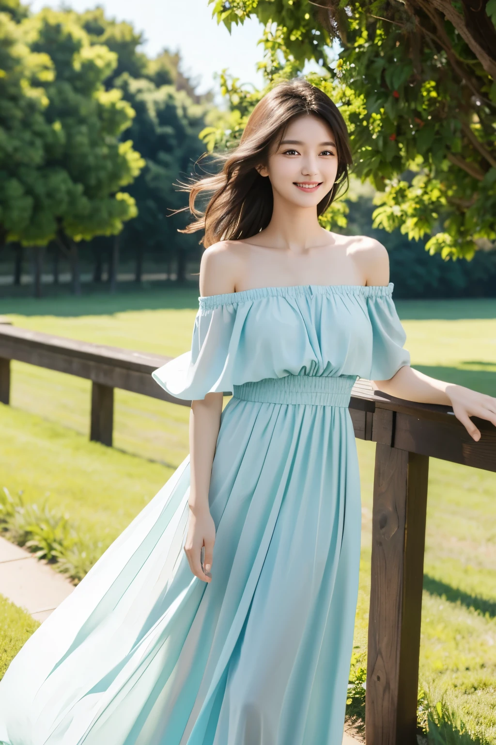 (masterpiece), (best quality), photography award winning, 1girl, long dress, off shoulder, sexy, posing, smile, outdoor, sunny, windy