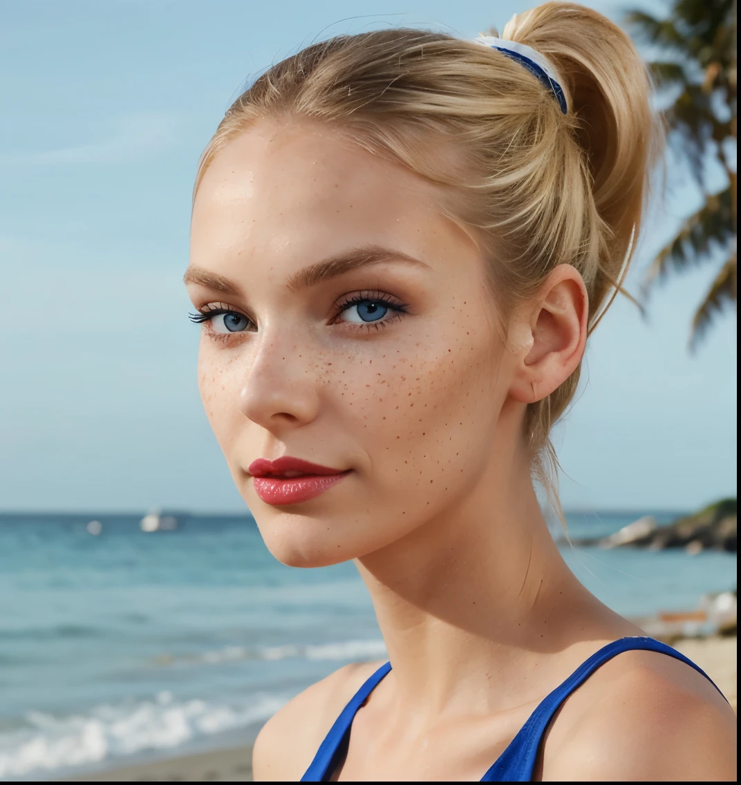 Beautiful skinny girl, elongated face and thin chin, freckles, blonde, blue eyes, red lipstick, beautiful makeup, white skin,top , just face , in the beach , ponytail hair
