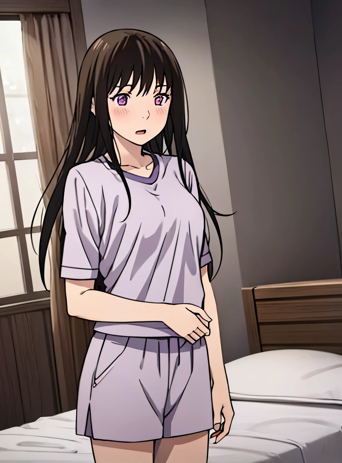 1boy, boy  behind girl, breast grope from behind, boy caressing girl's chest, 1girl, bangs, black hair, blush, breasts, medium breast, gym uniform, collarbone, blue gym shorts, white short sleeve gym shirt , indoors, night, passionate hug, lie on bed, breastgrope from behind