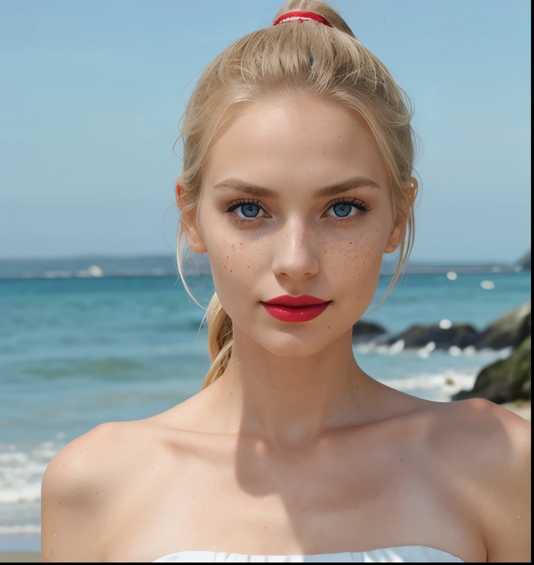 Beautiful skinny girl, elongated face and thin chin, freckles, blonde, blue eyes, red lipstick, beautiful makeup, white skin,top , just face , in the beach , ponytail hair 