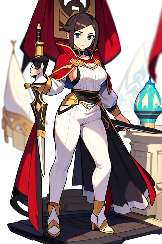 solo female, (((upright posture, standing, blurry background, white background))), character focus, fantasy clothes, character design, shorts, holding weapon, capelet,