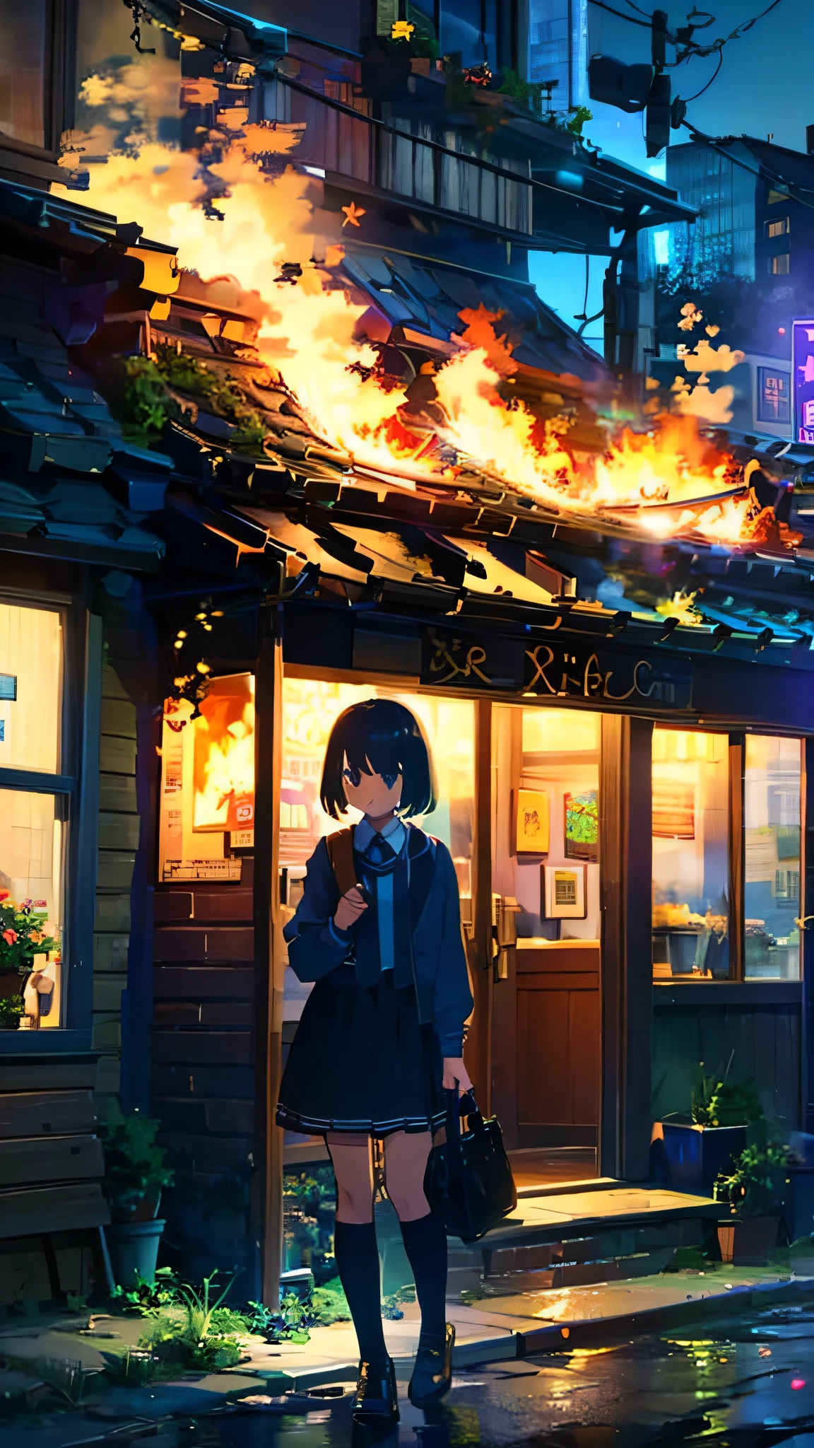 (normal, ultra high definition, higher, super detailed, super detailed，Two people，many details，Full detail on the face，masterpiece)，Proud woman wearing black skirt and black stockings，Standing outside a hot restaurant，The expression is anxious，There&#39;s a fire in a nearby restaurant，panoramic，Full display scene