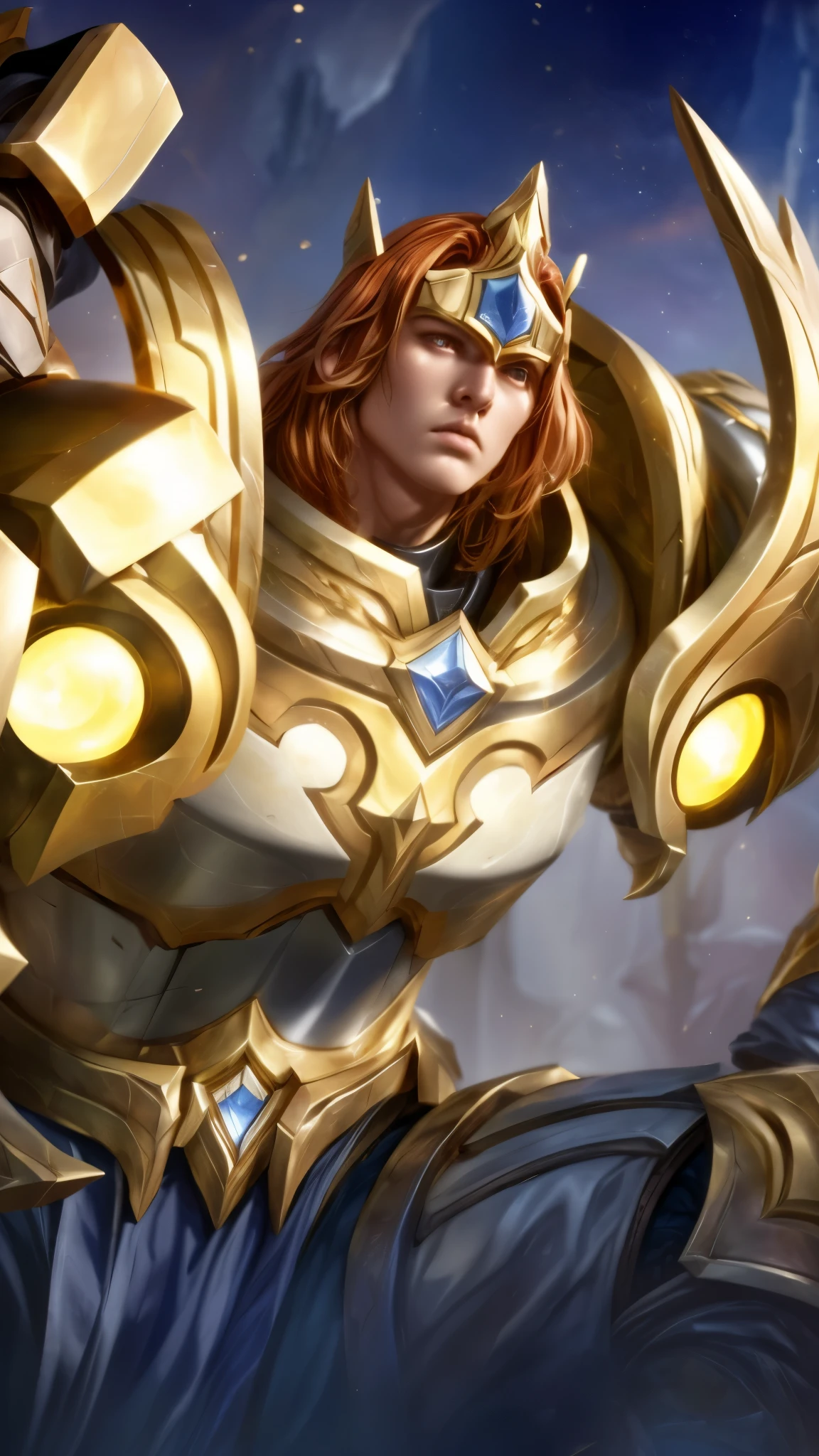 a close up of a person with a sword and armor, gold paladin, paladin golden armor, male paladin, golden and copper shining armor, inspired by Leona Wood, sylas, paladin, a human male paladin, casimir art, artgrem, angelic golden armor, fantasy paladin, golden armor, heavy white and golden armor