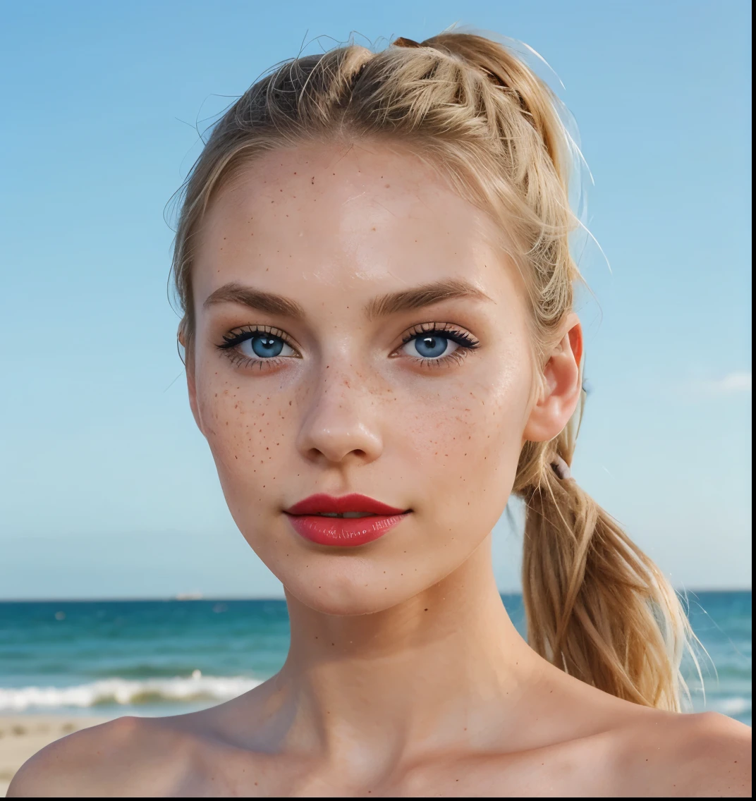 Beautiful skinny girl, elongated face and thin chin, freckles, blonde, blue eyes, red lipstick, beautiful makeup, white skin,top , just face , in the beach , ponytail hair