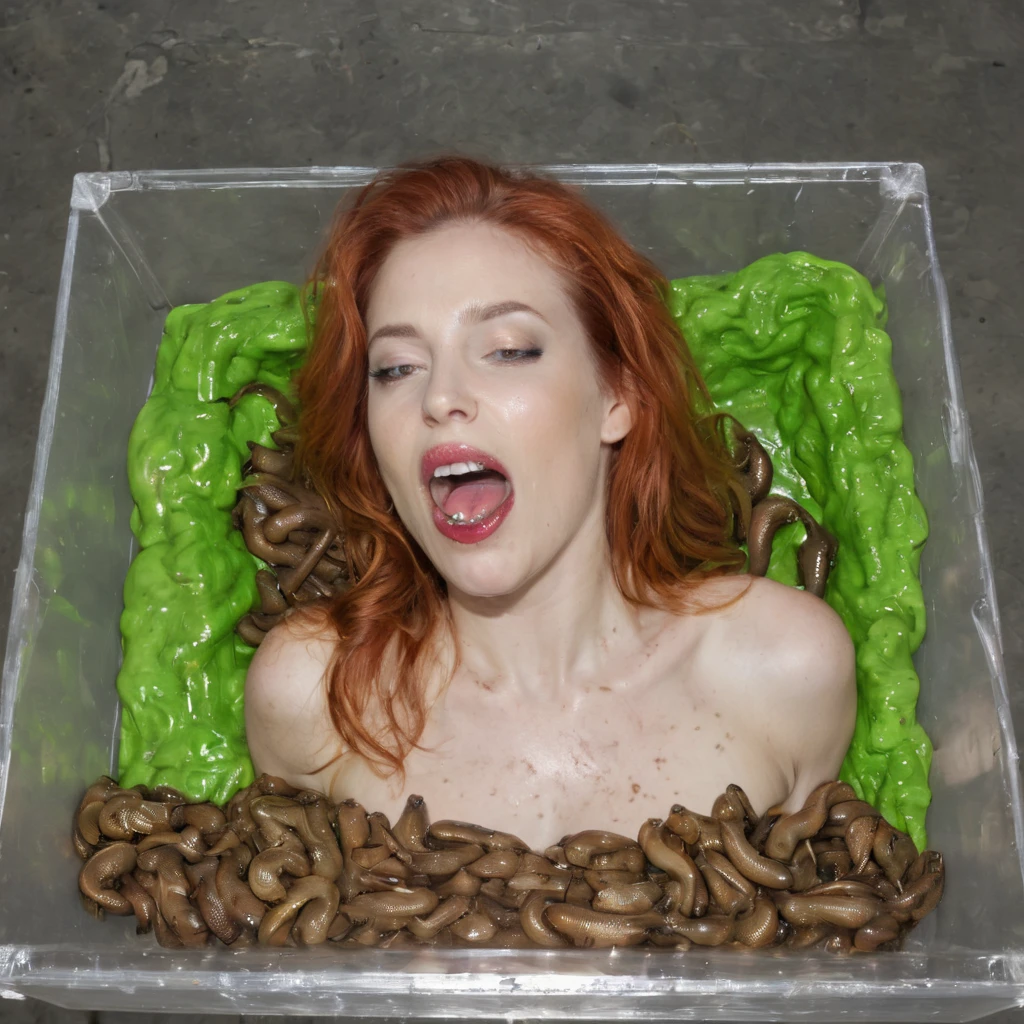 (((hot white woman in a clear box full of slugs))), (((orgasm))) (((tounge out))), (((mouthful of slugs ))), (((slime in mouth))), (((slugs worms in her mouth))) 1.2, ((slugs covering her body)), red hair, eyes open