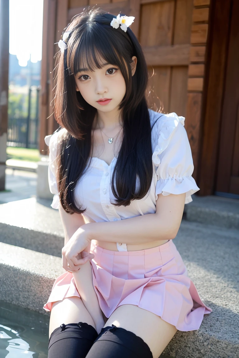 (8K, Original Photo Processing, highest quality, masterpiece: 1.1, thighs,), (realistic, realistic, photo realistic: 1.37), super detailed,
beautiful and delicate eyes, beautiful and delicate nose, jk uniform, pleated skirt, stockings