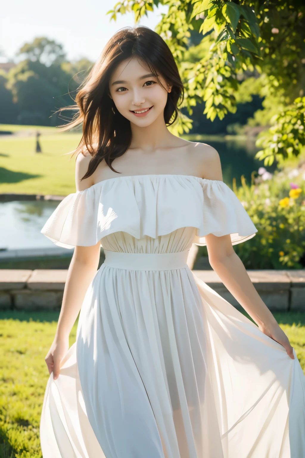 (masterpiece), (best quality), photography award winning, 1girl, long dress, off shoulder, sexy, posing, smile, outdoor, sunny, windy, portrait