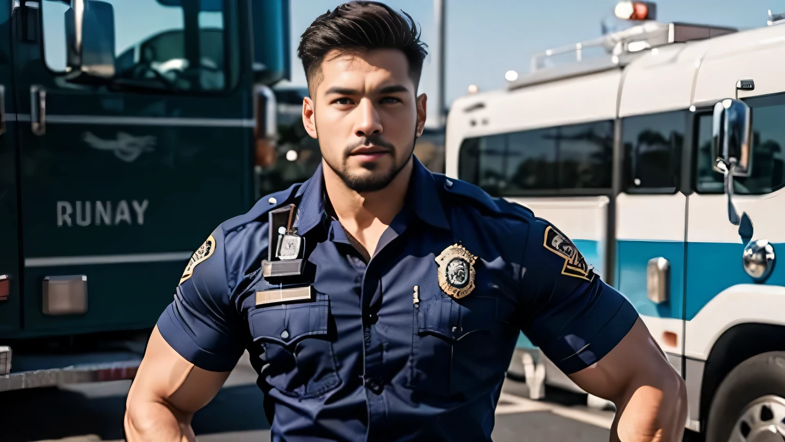 (masterpiece: 1.2), (actual:1.5), (post processing:1.3), (clear focus:1.3),wide angle, 1 male police officer, Korean men ,beard, whole body, ,(badge) ,(abrasions on body...: 1.3), (Navy blue cargo pants: 1.3), short hair hairstyle, (high shadows detail),muscle, 手臂musclelood vessel, 大muscle, broad shoulders, abrasions on body..., night , fire truck